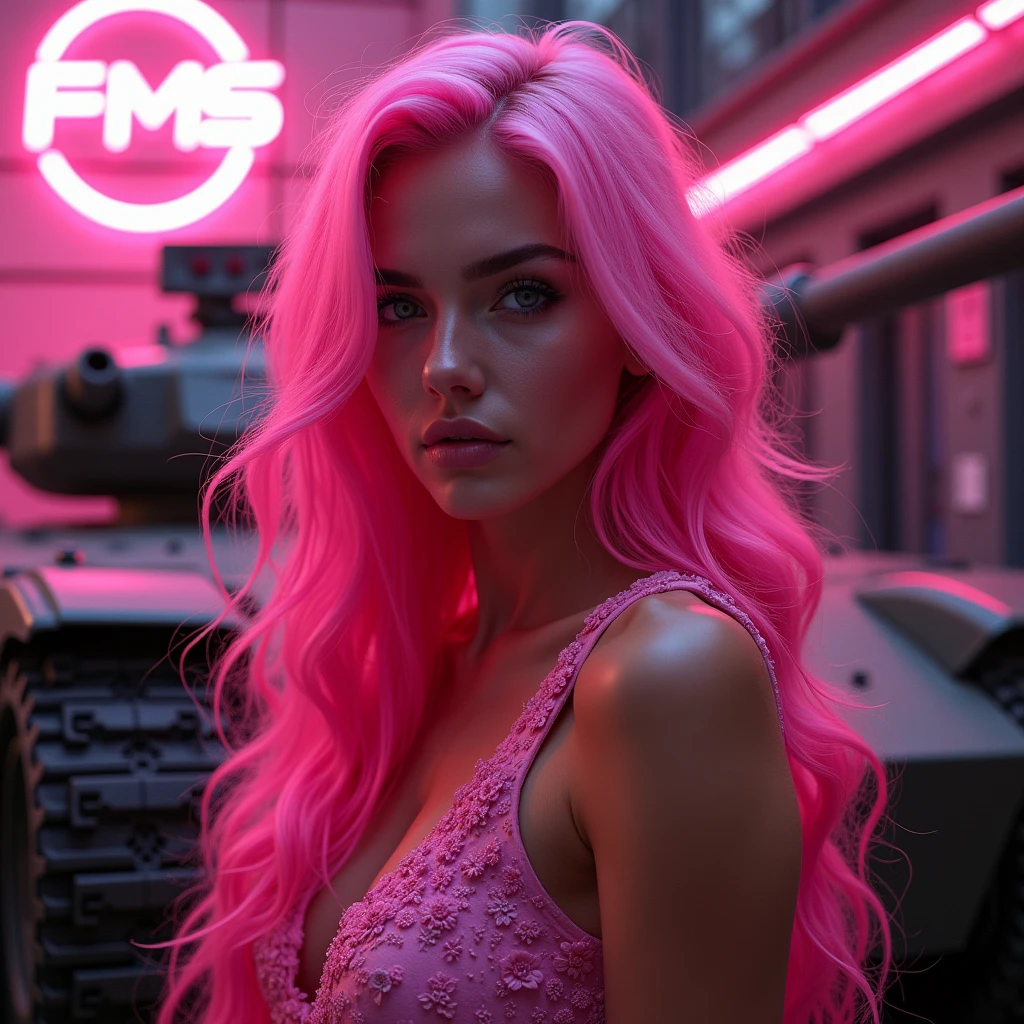 1 woman with exuberant beauty, With long hair, bright pink wavy hair, looking at the viewer with piercing eyes. Behind her there is a tank and some pink details and a cyberpunk style illuminated sign that says “FMS”.