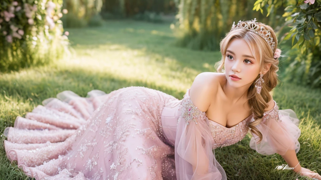 (masterpiece),(Highest image quality),top quality,(extremely detailed),4K,(8K),super detailed,realistic,1 girl,((full body,))blond hair,Off-Shoulder,ball gown,pink dress,tiara
