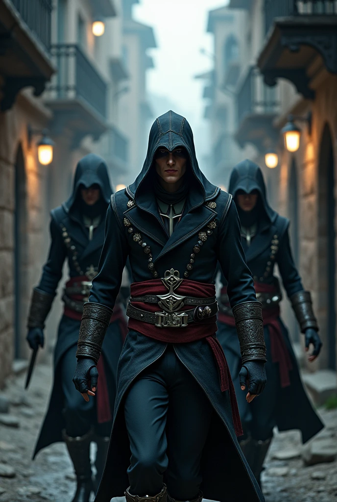 Assassin's creed with 2 other assassins with less visibility to see the face