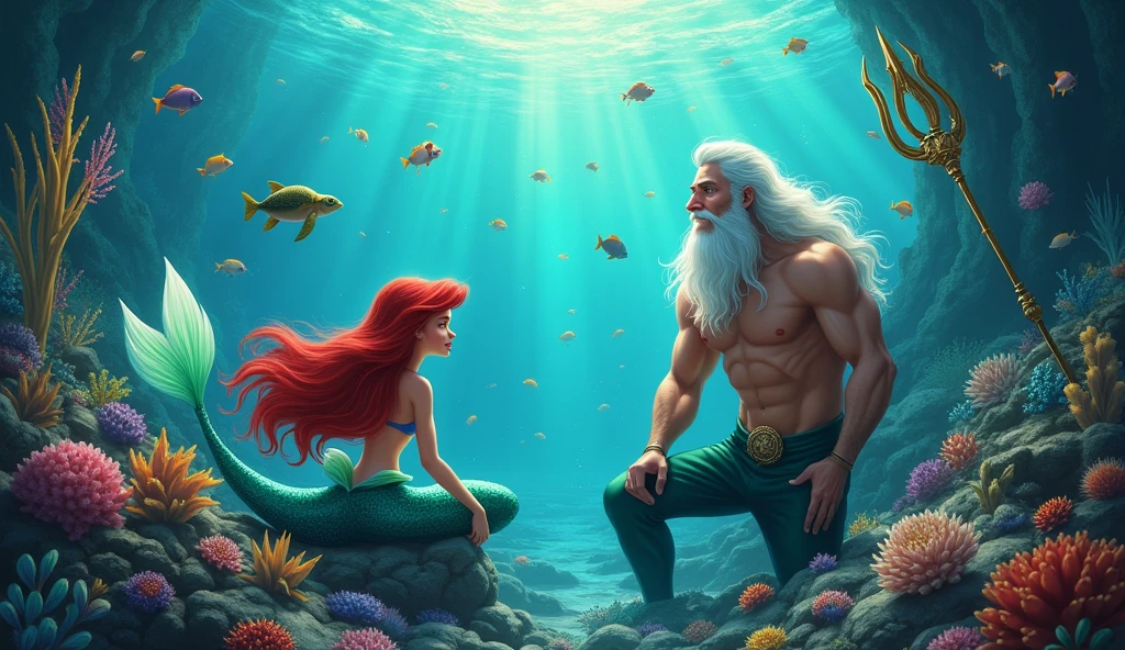 Ariel with several fish around her while talking to her father King Triton