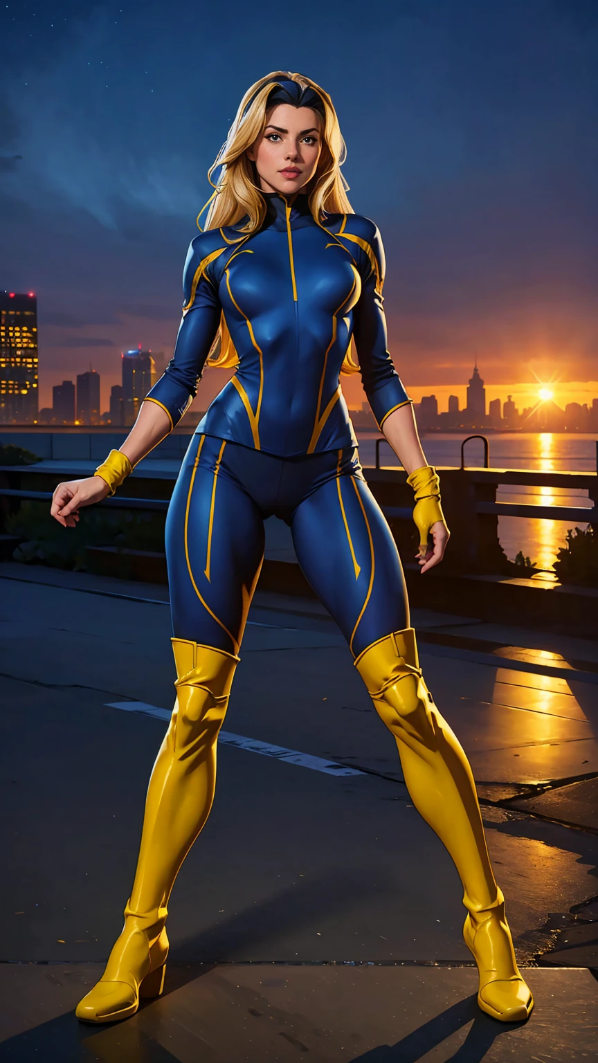 ((Full body shot, standing, feet on the ground)) Rogue, X-Men, (best quality, 4k, 8k, high resolution, cyclist body, masterpiece: 1.2), ultra-detailed, (realistic, photorealistic, photorealistic: 1.37), full body photo, yellow high boots, voluminous hair, beauty pose, standing, show feet, outside, city roof at night, green bandana