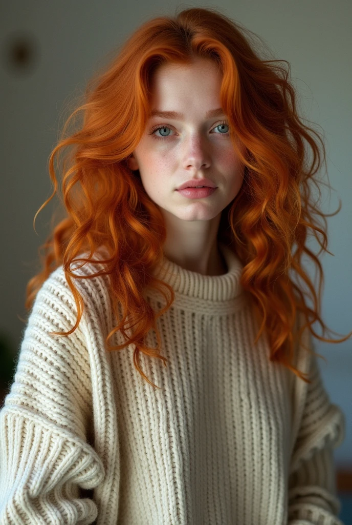 A redhead woman with a sweater on posing for a photo, with Red curly hair, loose red hair, pale skin curly blonde hair, redhead woman, redhead goddess, wild ginger hair, a young redhead, Red curly hair, she is a redhead, with pale skin, redhead girl, wavy ginger hair, long ginger hair, curly red hair, analog photography