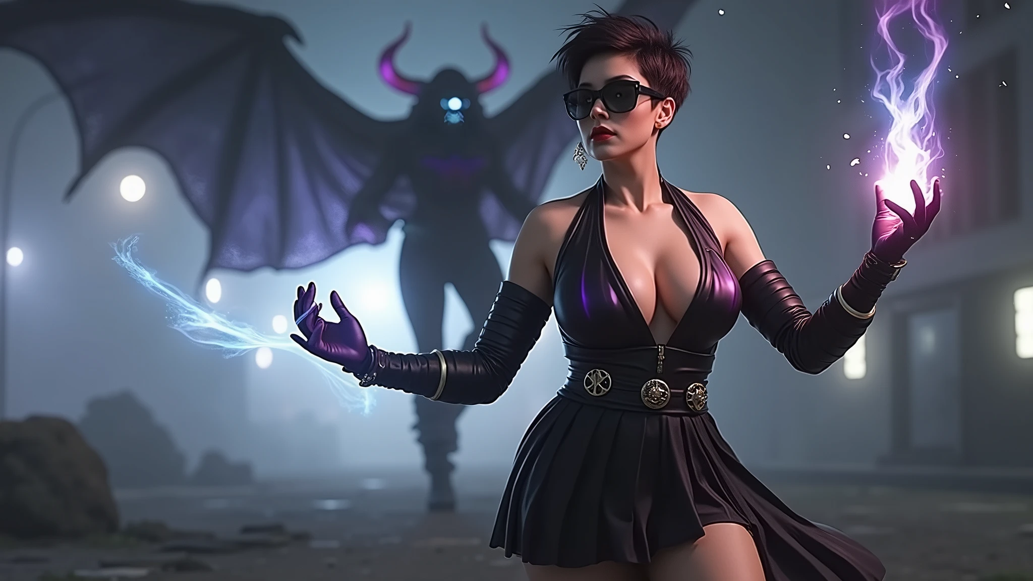 A young futuristic female sorcerer with a glowing floating small crystal stone, releasing mysterial spell and magical power, facing and defeating dark forces and beings. She stands with her right hand raised forward with a blue fire of light, floating ghost-like evil spirit chasing behind, at night, (1girl, solo, alone), photorealistic, large-breast slim:0.6 body, oval:0.5 face, cleavage:1.1, very low angle view of pleated miniskirt, deep-v, (upskirt), glove, (Matrix style black micro sunglasses), dynamic running pose, (half-body thigh level close-up shot), cinematic lighting, ray tracing, motion blur background.