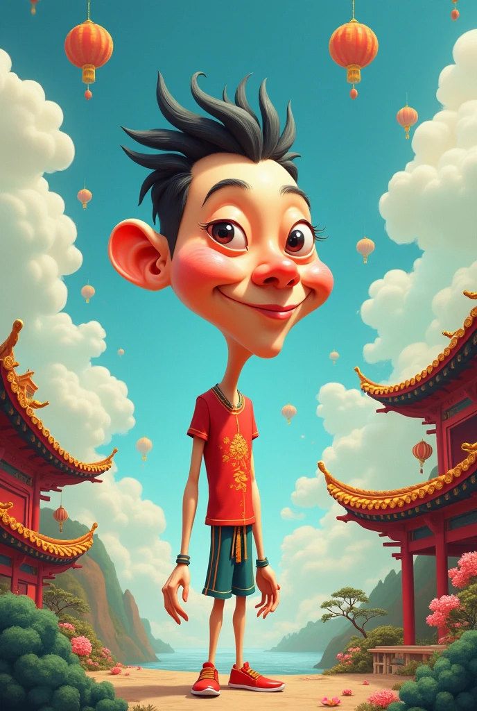 Caricature 4D, latar belakang Nuansa China, blue sky.