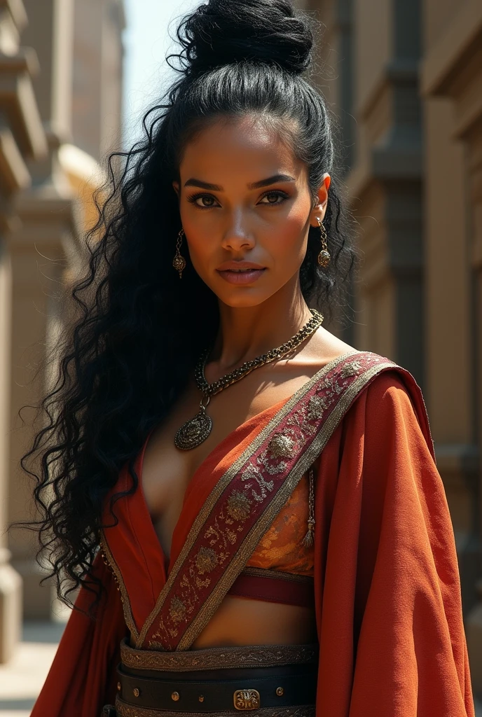 Facial features: Striking features that reflect her heritage as a warrior and leader. Your face is defined, with a penetrating gaze that conveys strength and dignity. His eyes are a deep dark brown.
body type: Athletic and agile body, with a posture that combines elegance and readiness for combat. His height is 1,65 m.
body hair: Long curly hair, black as night, that fall in voluminous waves halfway down the back. She usually ties her hair up in a sleek bun or leaves it loose., Depending on the occasion.
Skinned: Skinned parda, rich in warm tones, reflecting his roots and warrior training.
Clothing Style: Your clothing style is a fusion of functionality and sophistication.. Wear clothes that facilitate movement and combat, often adorned with details that highlight their heritage and status. In battles, you can opt for lighter and more flexible clothing that allows you to express your martial dance.
