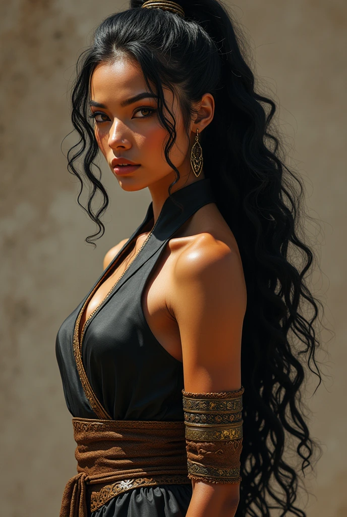 Facial features: Striking features that reflect her heritage as a warrior and leader. Your face is defined, with a penetrating gaze that conveys strength and dignity. His eyes are a deep dark brown.
body type: Athletic and agile body, with a posture that combines elegance and readiness for combat. His height is 1,65 m.
body hair: Long curly hair, black as night, that fall in voluminous waves halfway down the back. She usually ties her hair up in a sleek bun or leaves it loose., Depending on the occasion.
Skinned: Skinned parda, rich in warm tones, reflecting his roots and warrior training.
Clothing Style: Your clothing style is a fusion of functionality and sophistication.. Wear clothes that facilitate movement and combat, often adorned with details that highlight their heritage and status. In battles, you can opt for lighter and more flexible clothing that allows you to express your martial dance.
