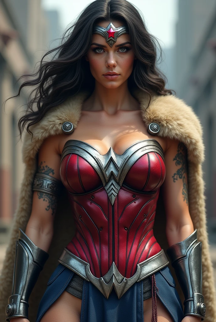 (((Fuchsia Corset))),(((De primerísimo primer plano una hermosa mujer wonder woman Vikingo))) (((Fitness build with muscles in his arms and legs))),(((Wearing a red corset))),(((Emblema wonder woman gigante color plata en su busto))),(((Large long metal bracelets in black))),(((Black metal boots))),(((Wide and thick silver-colored metal diaema on her forehead))),(((With a large red star-shaped jewel))),(((Giant Broad-Brimmed Sword))),(((Tattoos on one of his arms))),(((Beige sheepskin cape))),(((Sheepskin on his shoulders))),(((Falda wonder woman sobre el traje enterizo))),(((wonder woman)))