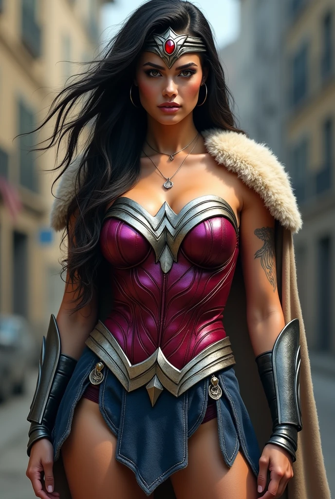 (((Fuchsia Corset))),(((De primerísimo primer plano una hermosa mujer wonder woman Vikingo))) (((Fitness build with muscles in his arms and legs))),(((Wearing a red corset))),(((Emblema wonder woman gigante color plata en su busto))),(((Large long metal bracelets in black))),(((Black metal boots))),(((Wide and thick silver-colored metal diaema on her forehead))),(((With a large red star-shaped jewel))),(((Giant Broad-Brimmed Sword))),(((Tattoos on one of his arms))),(((Beige sheepskin cape))),(((Sheepskin on his shoulders))),(((Falda wonder woman sobre el traje enterizo))),(((wonder woman)))