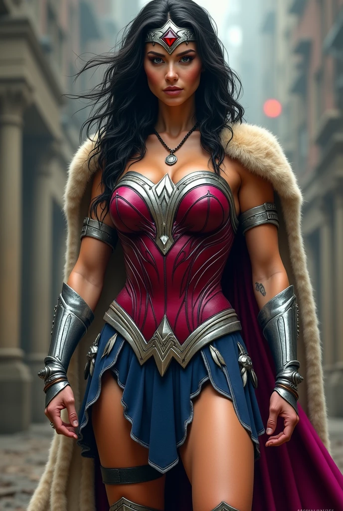 (((Fuchsia Corset))),(((De primerísimo primer plano una hermosa mujer wonder woman Vikingo))) (((Fitness build with muscles in his arms and legs))),(((Wearing a red corset))),(((Emblema wonder woman gigante color plata en su busto))),(((Large long metal bracelets in black))),(((Black metal boots))),(((Wide and thick silver-colored metal diaema on her forehead))),(((With a large red star-shaped jewel))),(((Giant Broad-Brimmed Sword))),(((Tattoos on one of his arms))),(((Beige sheepskin cape))),(((Sheepskin on his shoulders))),(((Falda wonder woman sobre el traje enterizo))),(((wonder woman)))
