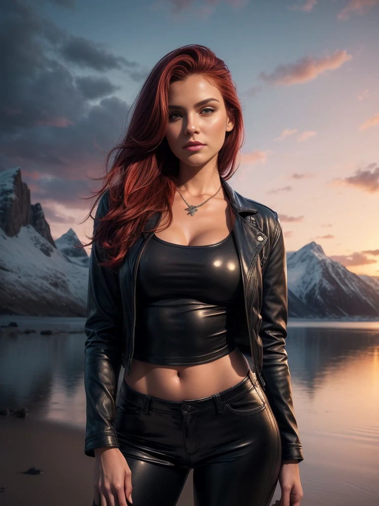 photorealism, whole body, beautiful woman with crimson hair, leather down jacket & latex pants, leather necklace, Beautiful realistic eyes; fantastic face, beautiful view, warm dreamy lighting, White background, Volumetric lighting, Alaskan resort landscape sunset background, crime adventure style, liquid acrylic, dynamic gradients, bright color, very detailed, simple, smooth and clean, smooth, character design, 3d shading, cinematic, ornate patterns, elegant organic frame, hyperrealism, posterized, Collection of masterpieces, lush bright colors, twilight, wet gouache
