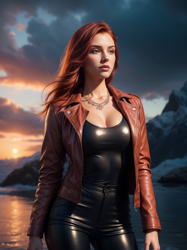 photorealism, whole body, beautiful woman with crimson hair, leather down jacket & latex pants, leather necklace, Beautiful realistic eyes; fantastic face, beautiful view, warm dreamy lighting, White background, Volumetric lighting, Alaskan resort landscape sunset background, crime adventure style, liquid acrylic, dynamic gradients, bright color, very detailed, simple, smooth and clean, smooth, character design, 3d shading, cinematic, ornate patterns, elegant organic frame, hyperrealism, posterized, Collection of masterpieces, lush bright colors, twilight, wet gouache