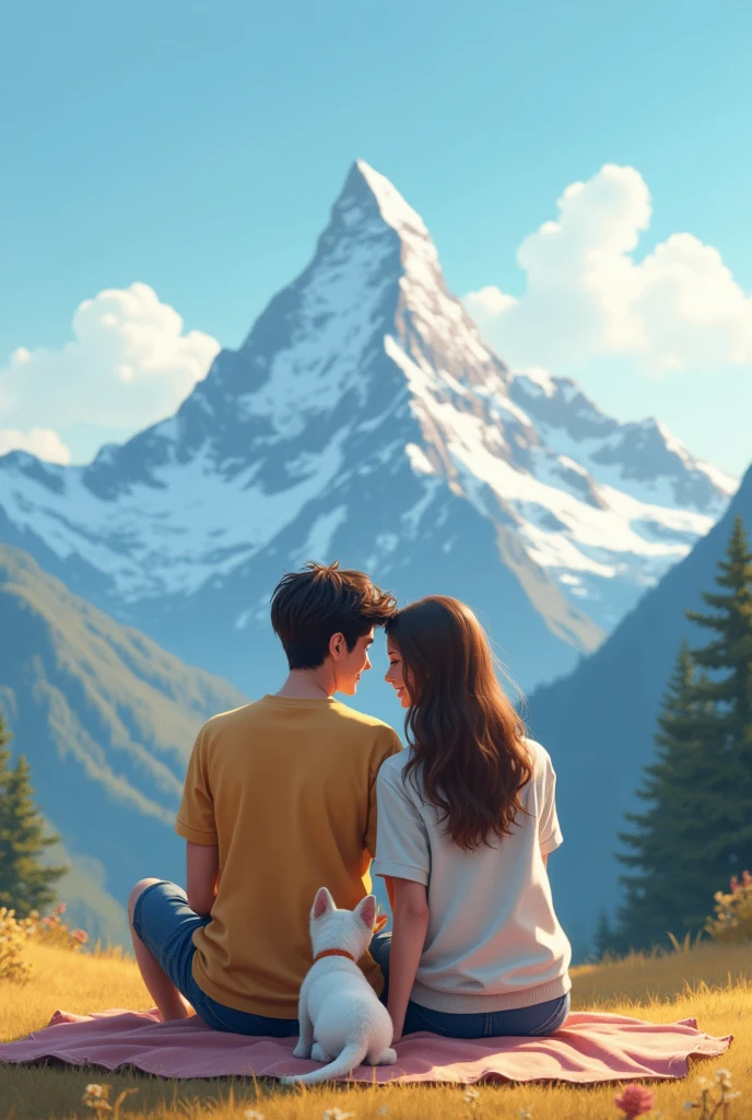 One girl sitting with her boyfriend same clothes same shoes and a cute dog sitting on side and mountain background in back 