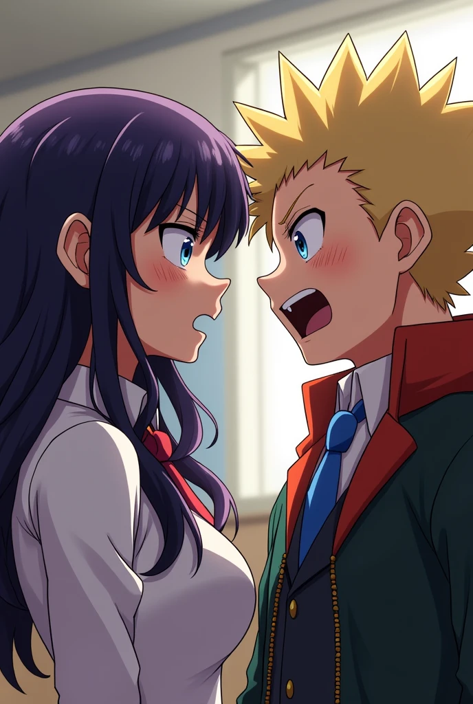 (Anime Boku no Hero Hentai) Create a woman, My Hero Academia student. His eyes are a light blue color with an elongated shape., glare. Her hair is long and wavy, Deep purple and a French fringe. Next to the girl is Bakugou Katsuki, He is a blond boy with spiky hair and his eyes are red., torn up. They argue aggressively, shouting angrily at each other.. All this in a classroom environment in the world of Boku No Hero.