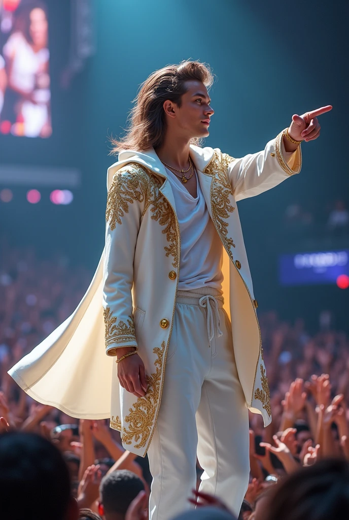 artwork best quality handsome american male teenager long brown hair light skin with white cape and hooded coat on head with gold details white long sleeve shirt and white pants underneath intricate details singing holding a microphone seen from afar pointing at the audience at a concert with details uhq 8k details