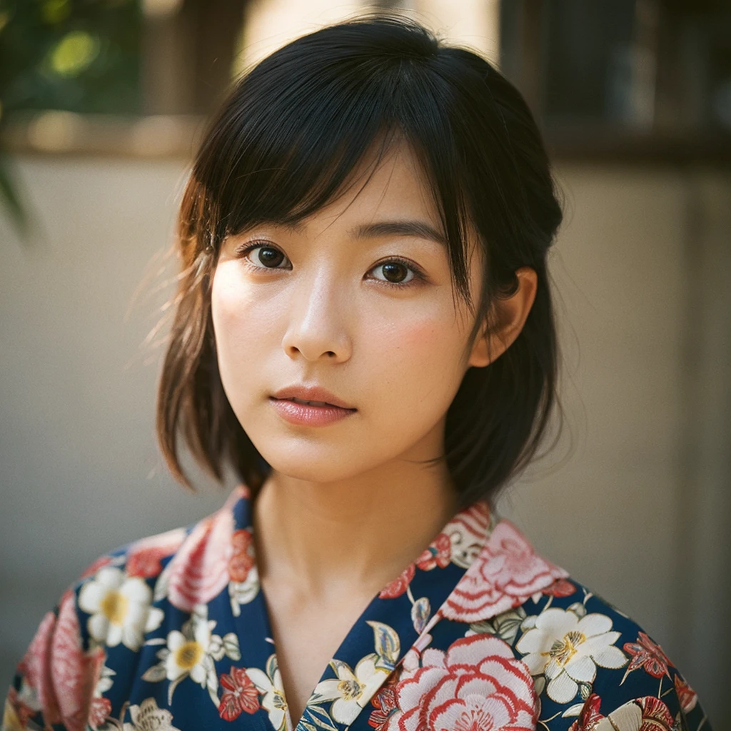 A hyper-realistic image of a single Japanese woman in her early 20s, captured from the shoulders up with the nostalgic warmth and subtle graininess of a film camera. She is wearing a traditional yukata with a vibrant, cute design featuring bold and colorful floral patterns such as cherry blossoms and peonies in shades of pink, red, and lavender, set against a soft pastel background. The obi is elegantly tied with a complementary color, adding a playful touch. The fabric of the yukata appears naturally lightweight, with visible folds and textures that enhance its realism, draping gracefully over her shoulders. Her skin, seen clearly from the shoulders up, has a warm beige tone with a highly realistic, slightly rough texture, showcasing visible pores, fine lines, and minor blemishes, along with subtle unevenness, such as delicate dryness around the cheeks and small natural shadows under the eyes. The lighting is soft and subdued, replicating the gentle, diffused natural light of an overcast day or early evening, creating realistic shadows across her face. These shadows subtly contour her cheekbones, nose, and jawline, adding depth and dimension to her facial features, enhancing the lifelike quality of her skin texture. Her straight, glossy black hair frames her face naturally, slightly tousled, adding to the authenticity of her look. Her deep brown eyes reflect the ambient light, providing depth and a natural, lifelike shine. The film camera effect introduces a noticeable grain and a soft focus, giving the image a warm, nostalgic atmosphere while maintaining the raw, lifelike quality of her skin. The composition is centered solely on her, capturing her serene and understated elegance, focusing closely on the detailed textures of the yukata and the authentic, natural skin texture, with dynamic lighting and shadow play that mimics a real-life photograph.