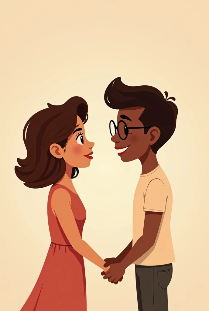 Make an animated cartoon image of a couple holding hands where the woman is a little shorter than the man. (The woman should have slightly wavy brown hair.) and the man must have short brown hair and wear glasses and be dark-skinned (They are both dark-skinned, the woman a little less so and the man is much darker than her.)
Keep it simple so it doesn't have too many details.