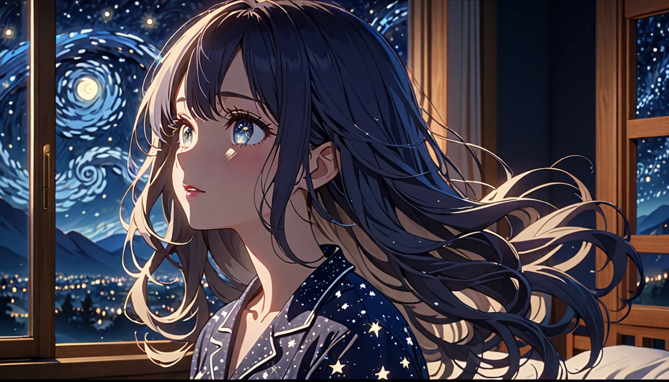 a girl in a bedroom, looking out the window at the starry night sky, elegant detailed face, detailed eyes, detailed lips, long eyelashes, beautiful detailed skin, flowing hair, delicate facial features, wearing pajamas, serene expression, atmospheric starry night, moonlit night, glowing stars, soft lighting, cinematic, highly detailed, 8k, animetic, masterpiece