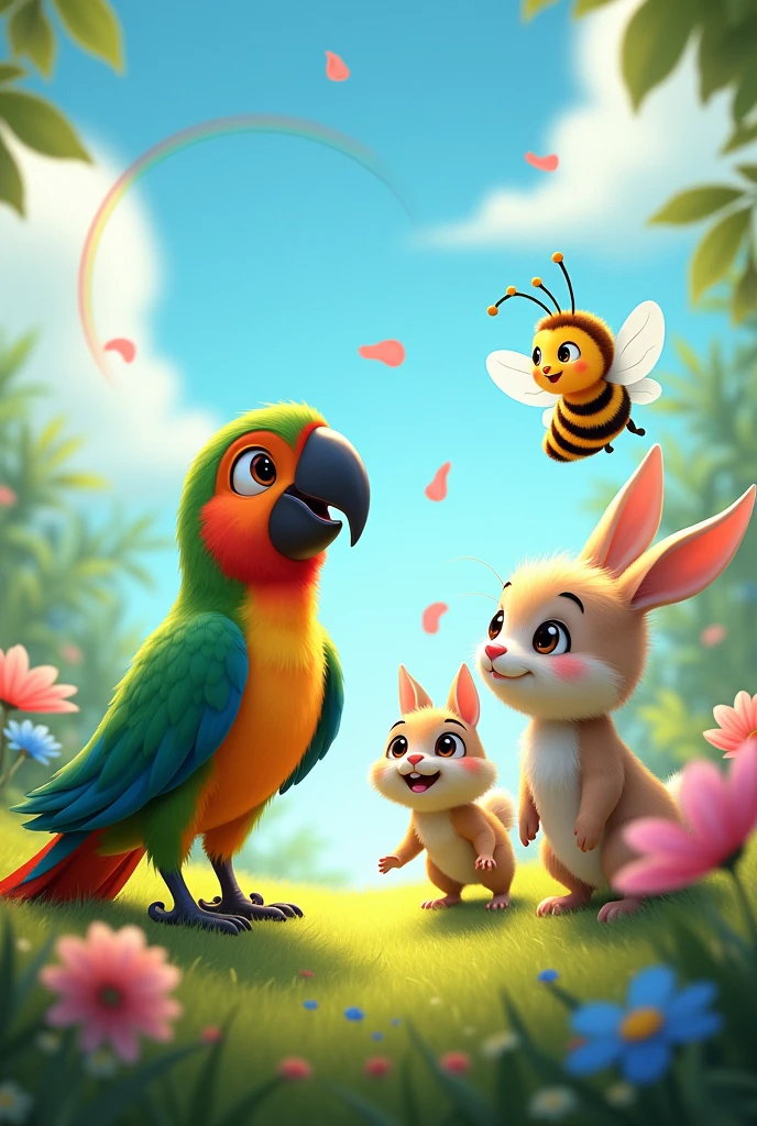 Make a picture where there is a parrot, A bee and a rabbit in Disney version