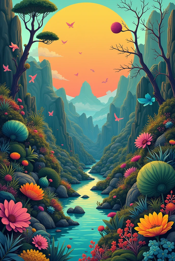 Crea una imagen de un ecosistema donde represente gráficamente the concepts vistos en clase * the concepts* -population -community -ecology -ecosystem -ecological niche in non-realistic drawing
