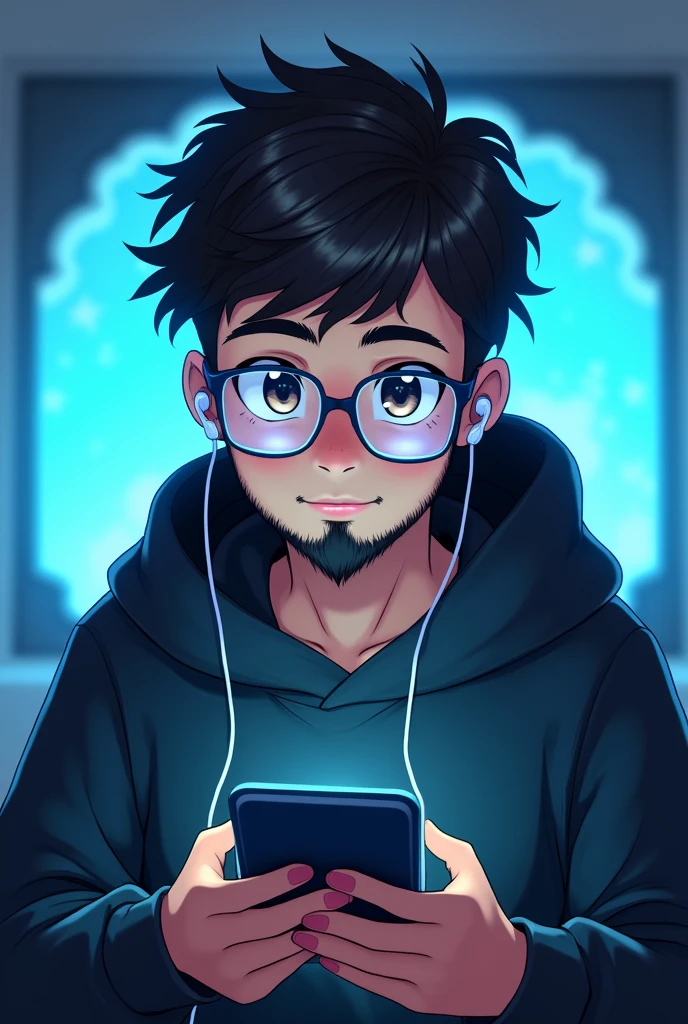 Anime muslim boy with earphone with transparent sky blue frame glasses with play bgmi mobile with black hoodie with fully moustache and full beard