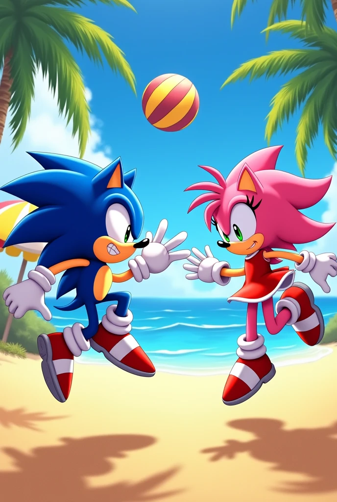 Create a poster of Sonic playing volleyball with Amy Rose on a sunny day