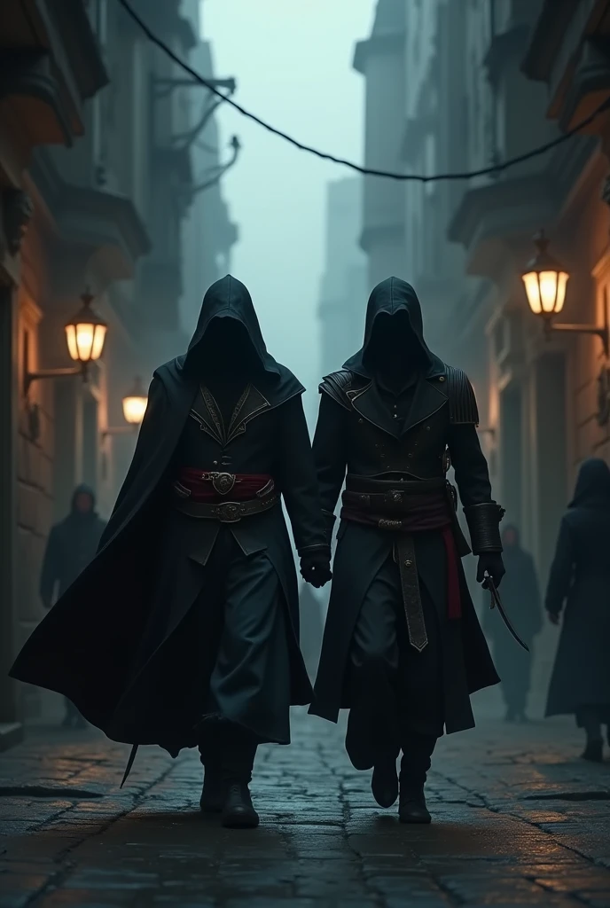 Assassin&#39;s creed with another assassin complementing each other with less visibility to see the face 