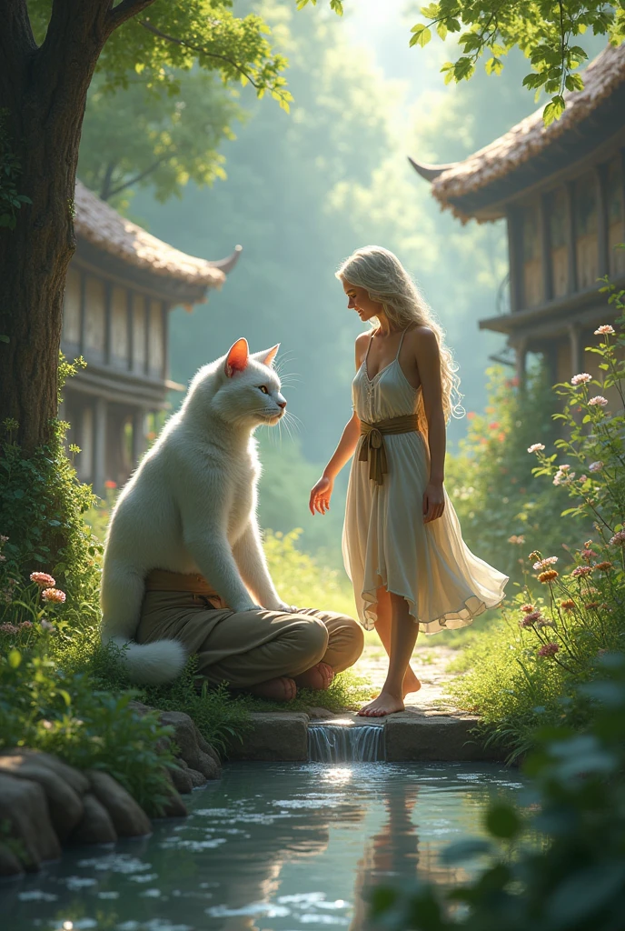 **Orion the white cat in human body warrior and Elara Bonding:**
- "The white-haired warrior white cat in human body and a beautiful woman spend time together in a peaceful village setting. They are seen walking through the village, sitting by a stream, and sharing stories. The warrior white cat now more relaxed, is dressed in simple clothing, while the woman smiles warmly at him. The setting is during the day with the village surrounded by lush greenery."