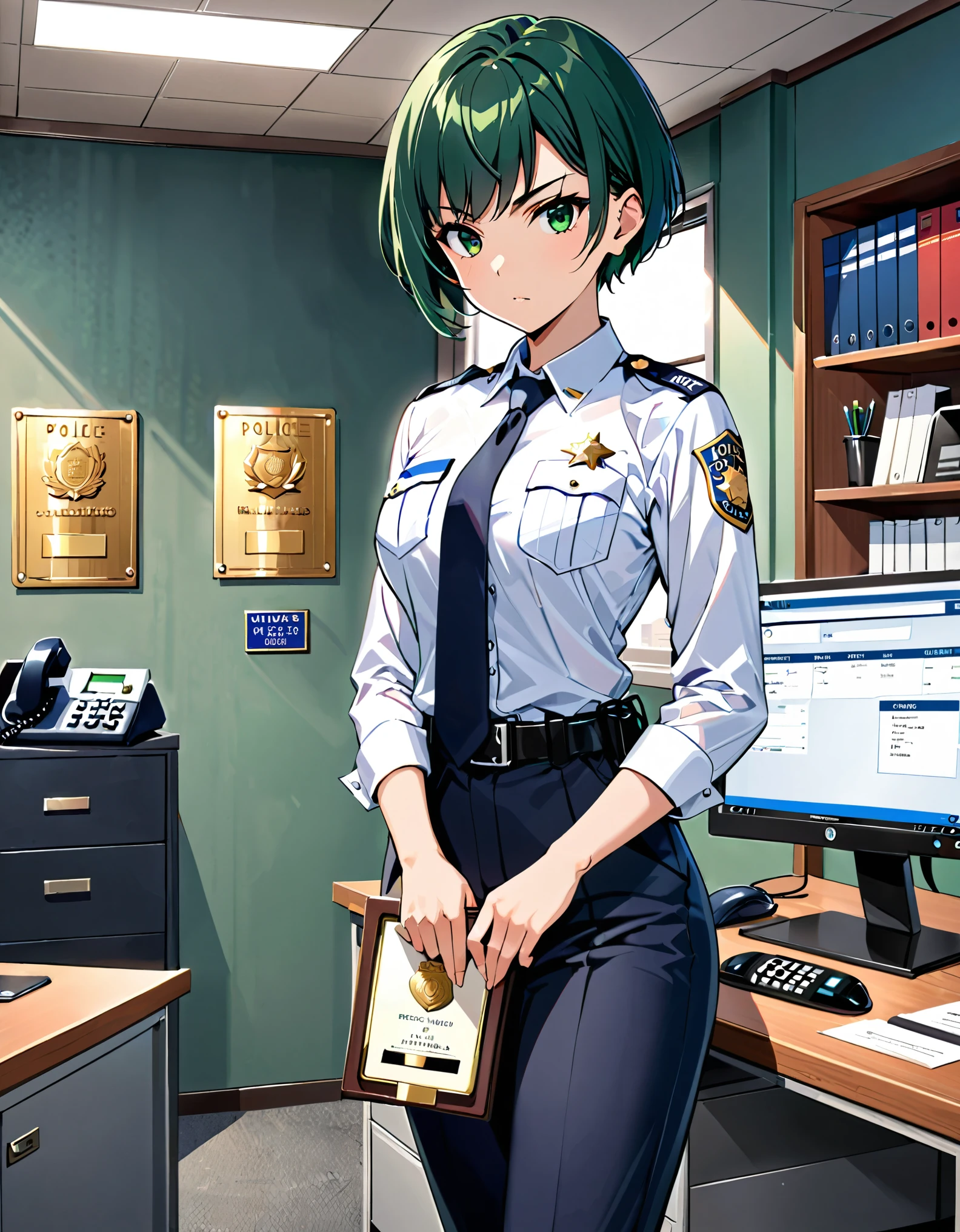 (masterpiece), (best quality), (hires), medium breasts, 1woman, adult, solo, solo focus, single, (dark green hair, short hair, pixie cut, sleek hair, hazel eyes), (full body), standing, strict, stoic, serious look, looking at viewer, Japanese police uniform, (white shirt), (black pants, tie), matching shoes, (badge), (perfect hands, perfect anatomy), cowboy shot, ((beautiful detailed eyes)), fix hands. police station backdrop, indoors, office, desk, desk phone, and at least two police service award plaques on the wall. holding tablet.