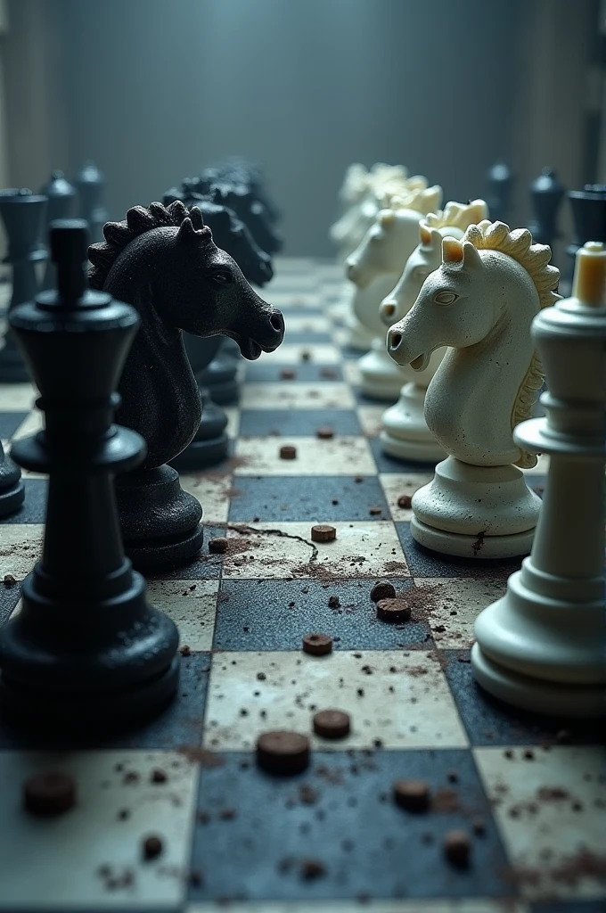 I need you to create an image for me with the following description, A chess board split in half with the black pieces about to lose to the white pieces