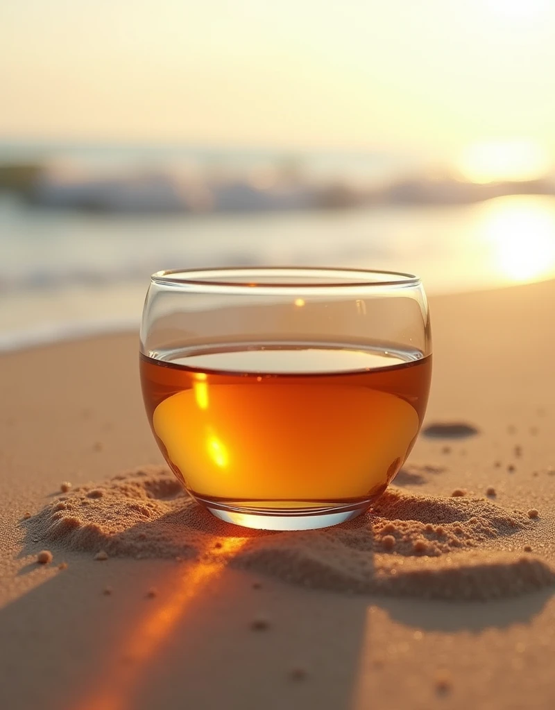Glass cup with liquor on the beach, super realistic, no people