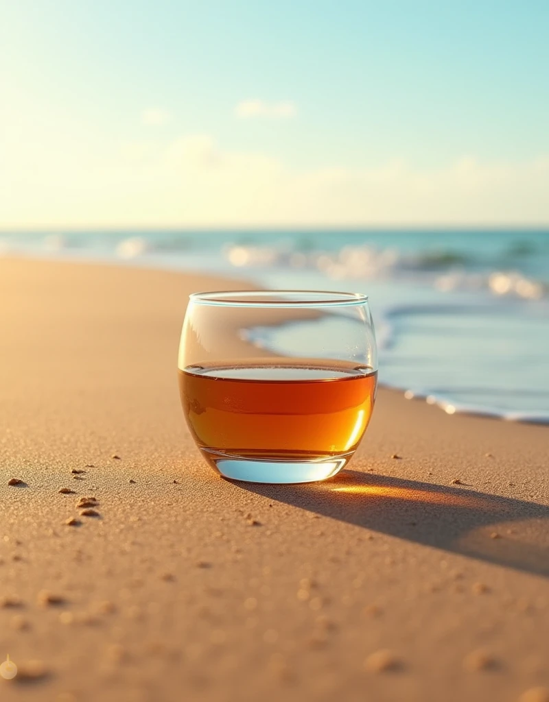 Glass cup with liquor on the beach, super realistic, no people