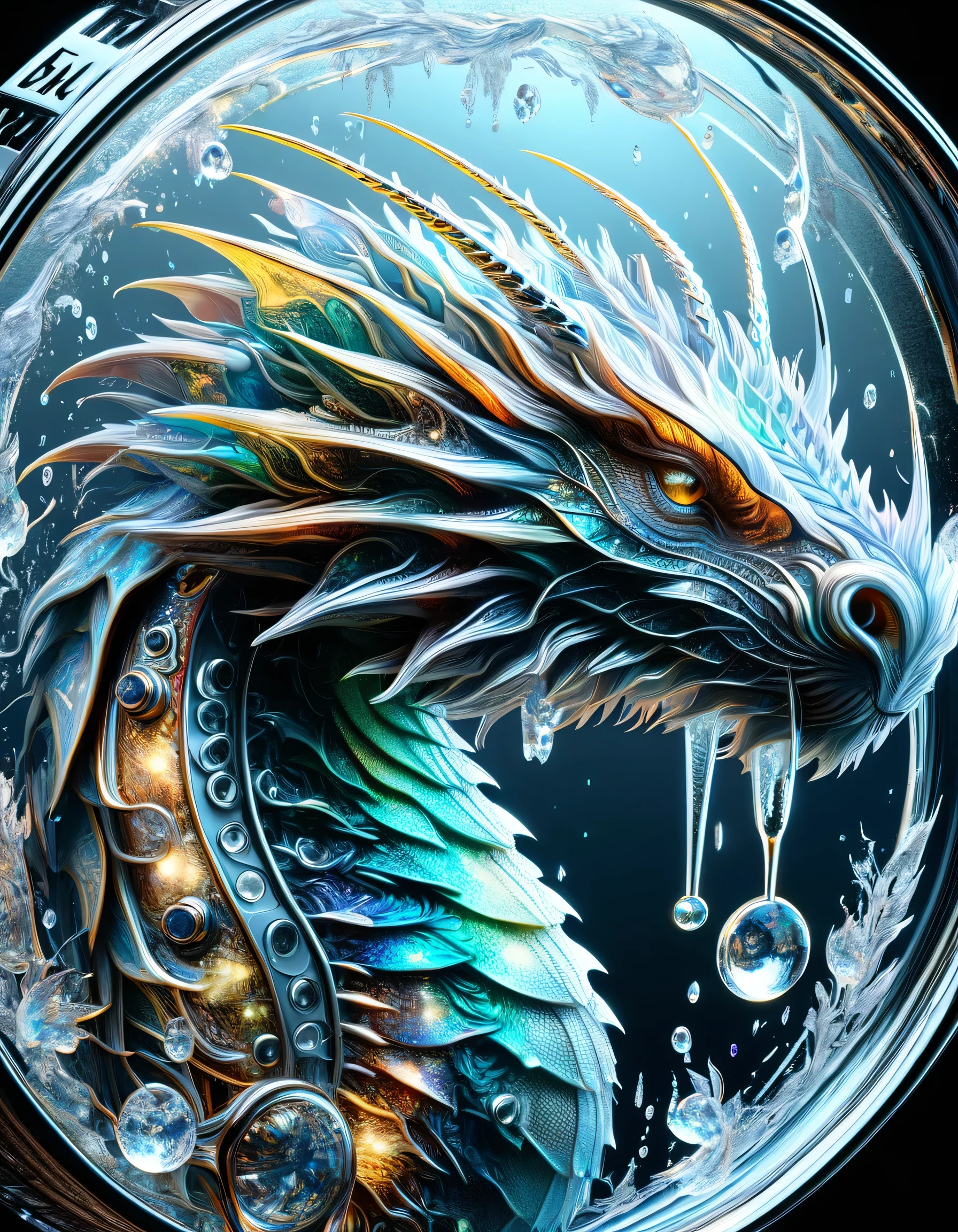Luxury Watches, Extreme close up, Solid black background, weather, metallic, Dimensional Depth, Nixie, Product Photos, Perfect extreme focus, Vivid, 8k hdr, high quality, Very detailed, reflection of mirror, Surreal, water dragon,