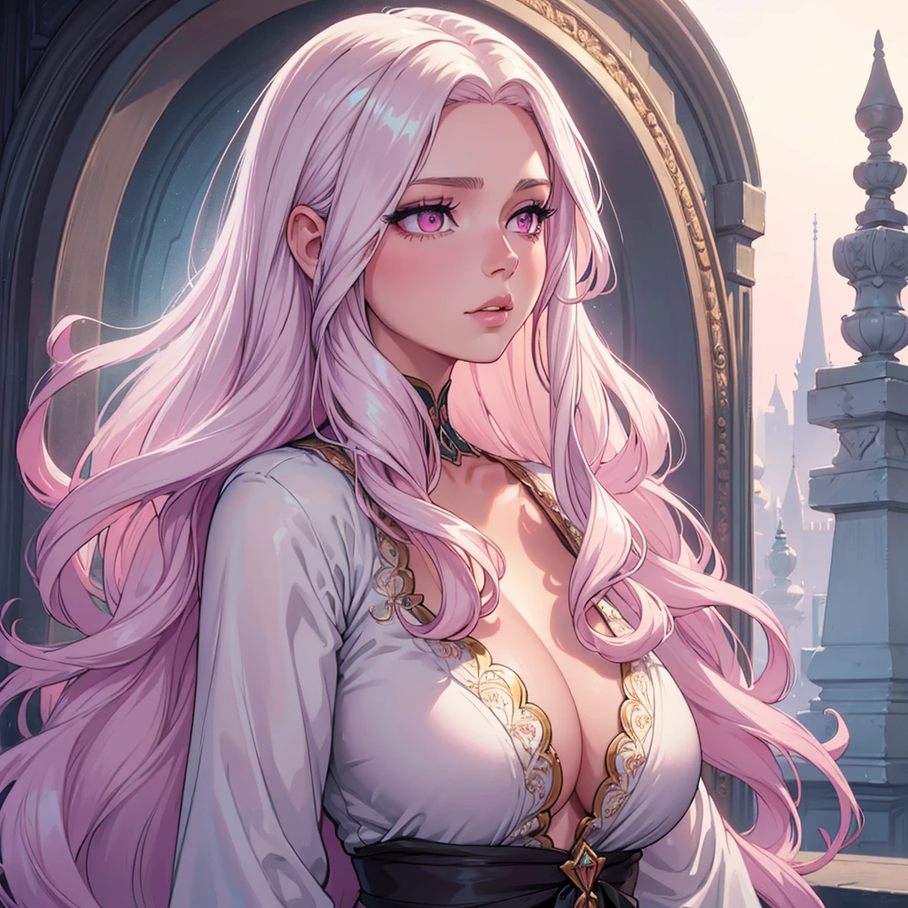 1 beautiful woman with long wavy white hair, pink eyes, glossy lips, detailed face, intricate hairstyle, elegant expression, delicate features, ethereal beauty, serene atmosphere, soft lighting, pastel colors, cinematic composition, high quality digital art, elegant fantasy portrait
