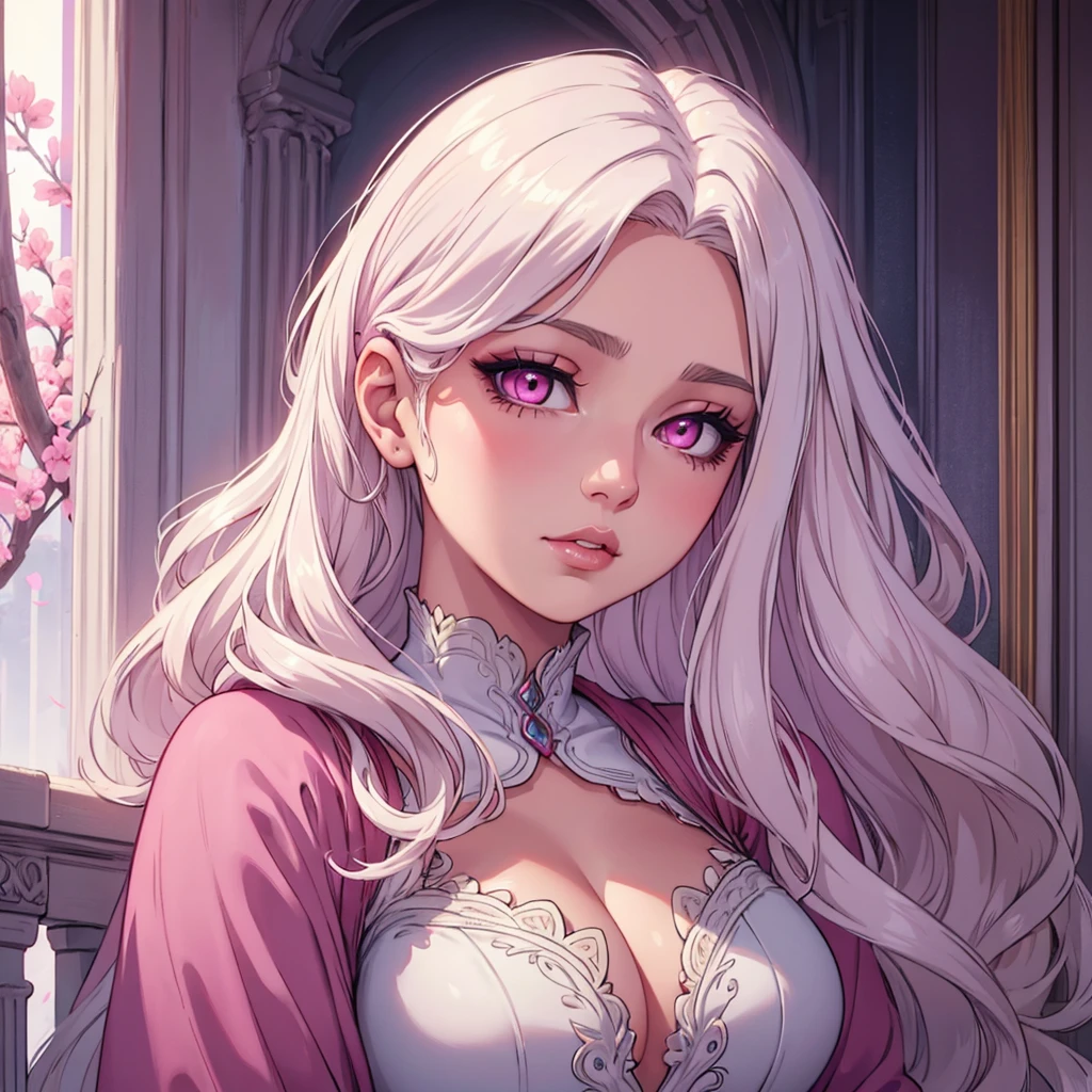 1 beautiful woman with long wavy white hair, pink eyes, glossy lips, detailed face, intricate hairstyle, elegant expression, delicate features, ethereal beauty, serene atmosphere, soft lighting, pastel colors, cinematic composition, high quality digital art, elegant fantasy portrait