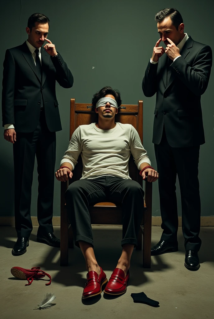 Malaysia handsome malay Zarul 21years
He faint
Not wearing shoes
Red loafers Shoes on floor
Tied up woodenchair
blindfolded
feather on floor
Pair of Blacksock on floor
2 mafia ????? thier nose
