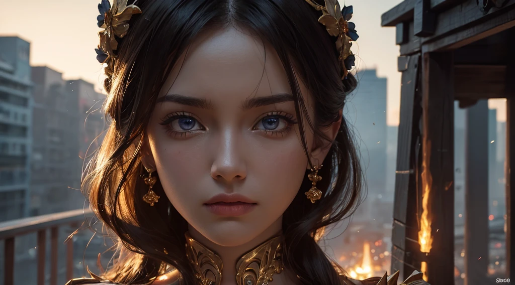 masterpiece,Top quality,best quality,Official Art,Beauty and aesthetics:1.2),(masterpiece:1.3), (8K, Realistically, RAW photos, best quality: 1.4), Pretty Face, (Realistic face),Ultra-high resolution, Ultra-realistic photos, Very detailed, Golden Ratio, (Full of energy:1.3),(saturation:1.3),Unreal Engine, (High Detail: 1.9),(Miss:1.4),Angry expression,individual,Navel,Background burning city,Upper body shot,dramatic,(middle Ages:1.8)