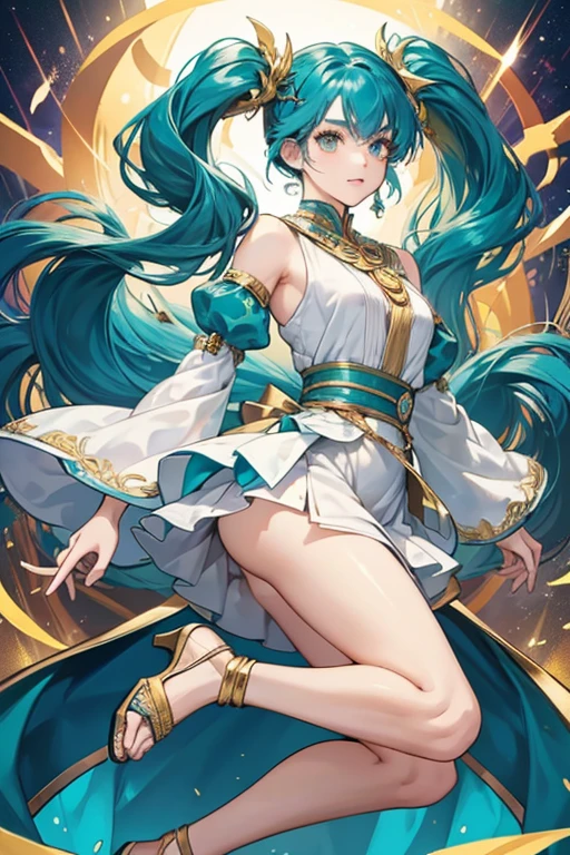 She has fair skin, and her hair is a teal gradient, from pale teal at the roots to a darker teal at the ends. She has messy bangs that frame the sides of her face, and her hair is cut short except for two locks of hair that mimic twin tails. Her eyes are a pale shade of blue and are partially golden, and her pupils are interestingly heterochromic and triangle-shaped; her right eye is a pale shade of Aquamarine and her left eye is a dark shade of Indigo.

Faruzan's hair is styled with an X-shaped golden hairpin on the left side, and several golden triangular and X-shaped hairpins on the back side. The locks of hair that mimic twintails hang loose.

Faruzan wears a layered white dress with detached sleeves, decorated with numerous golden trinkets and gems, most notably around the neck and upper arms. She has a set of X-shaped trinkets pinned just above her skirt, which is decorated with some flower-shaped pieces held together by dark blue ribbons with a dark blue undercoat with a design similar to an isometric grid filled with blue and green. Under this, she wears a gold trinket around her right thigh, and a pair of high heeled sandals. She wears a set of gold square-shaped bracelets on her left wrist along with a gold ring on her middle finger, and a number of chained jewelry around her wrist and right hand. Her Vision is pinned to the back of her skirt. SPARKLE; GLITTER