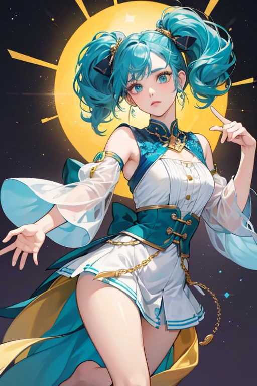 She has fair skin, and her hair is a teal gradient, from pale teal at the roots to a darker teal at the ends. She has messy bangs that frame the sides of her face, and her hair is cut short except for two locks of hair that mimic twin tails. Her eyes are a pale shade of blue and are partially golden, and her pupils are interestingly heterochromic and triangle-shaped; her right eye is a pale shade of Aquamarine and her left eye is a dark shade of Indigo.
Faruzan's hair is styled with an X-shaped golden hairpin on the left side, and several golden triangular and X-shaped hairpins on the back side. The locks of hair that mimic twintails hang loose.
Faruzan wears a layered white dress with detached sleeves, decorated with numerous golden trinkets and gems, most notably around the neck and upper arms. She has a set of X-shaped trinkets pinned just above her skirt, which is decorated with some flower-shaped pieces held together by dark blue ribbons with a dark blue undercoat with a design similar to an isometric grid filled with blue and green. Under this, she wears a gold trinket around her right thigh, and a pair of high heeled sandals. She wears a set of gold square-shaped bracelets on her left wrist along with a gold ring on her middle finger, and a number of chained jewelry around her wrist and right hand. Her Vision is pinned to the back of her skirt. SPARKLE; GLITTER