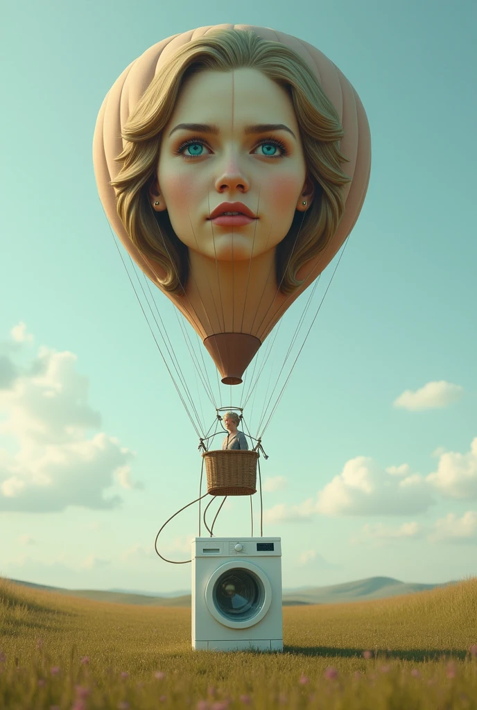 (photorealism:1.2), a balloon with a woman's face pulling a washing machine 
with ropes, washer still on the floor