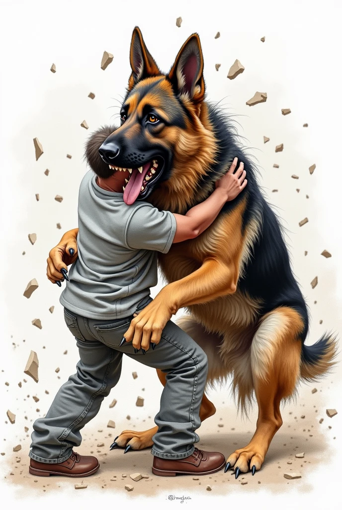 Draw a hungry German Shepherd dog brutally tearing a person apart 