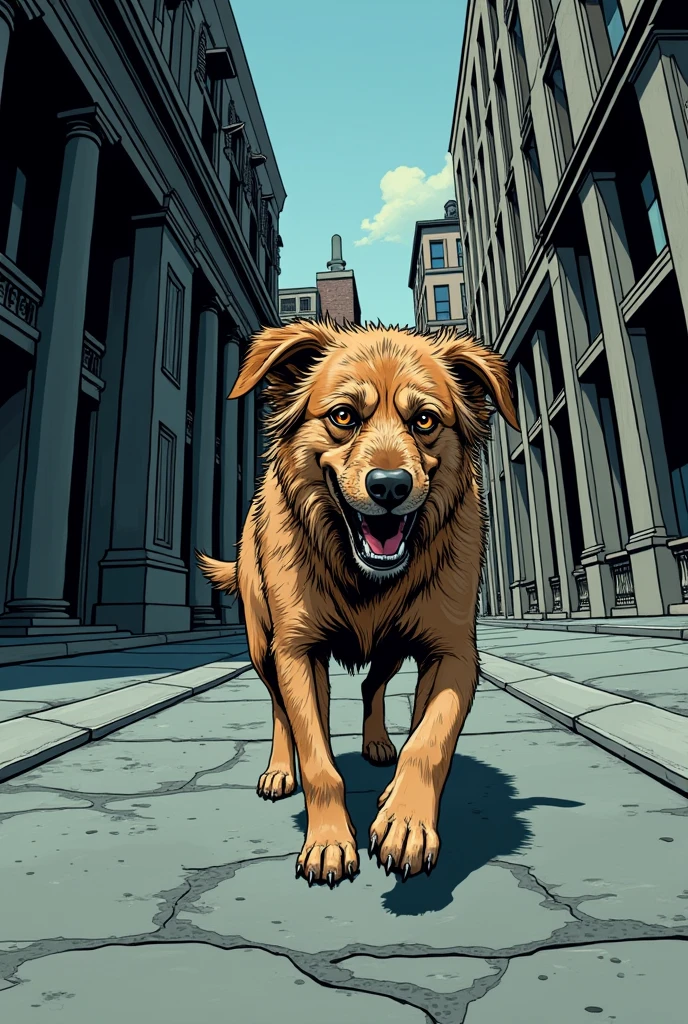 as if it were a comic book, the dog crossing a corner in fear 