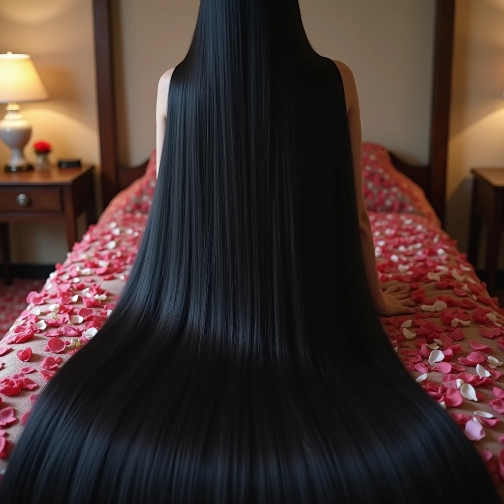 （Highest quality。Highest quality。Real Photo。16K）Very long black hair。Too much black hair。Very shiny long black hair。The length of black hair is 20 meters。Black hair weighs 10kg。The floor of the room is covered with black hair.。The luster of her black hair is dazzling。The longest black hair in the world。World Long Hair Contest Winner。The most beautiful woman in the world。Lying naked。Her long black hair forms a river。She&#39;s proud of her hair being held up。There&#39;s hair on the bed。The bed sheets are obscured by long, lush black hair.。Her long, lush black hair is her pride。Her long, lush black hair is her biggest charm point.。Her whole body is covered with straight black hair.。Full body photo。 Depict all black hair。A bedroom surrounded by rose petals。Black hair overflows into the room、A hair pond has been created。