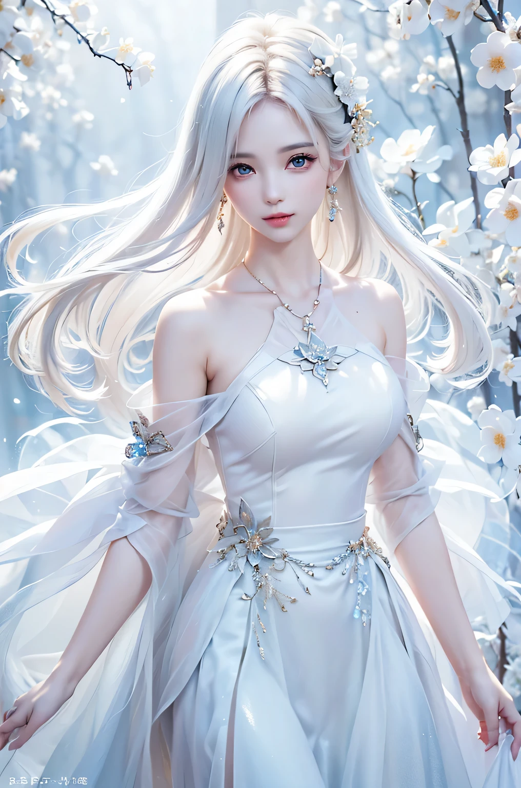 ((From the waist up))((masterpiece:1.5、8k、Portraiture、Photorealistic and very detailed CG、Very detailed、Particle Effects、Dynamic Effects、Written boundary depth、Cinematic Light、Lens flare、Ray Tracing、Tabletop、Realistic:1.4、Ultra-high resolution:1.2、Realistic、Realistic))((alone、Woman in off-the-shoulder dress:1.4、Model-like pose、Ample breasts、Detailed face、brightexpression、young, bright, Whiter skin、Best Looks、Ultimate beauty、White hair with glossy highlights:1.8、bright and shiny hair,、Super long, Silky straight hair、Hair swaying in the wind))(Wonderful transparent flowers々Surrounded by、White Background、Great background、Delicate petals fluttering down)