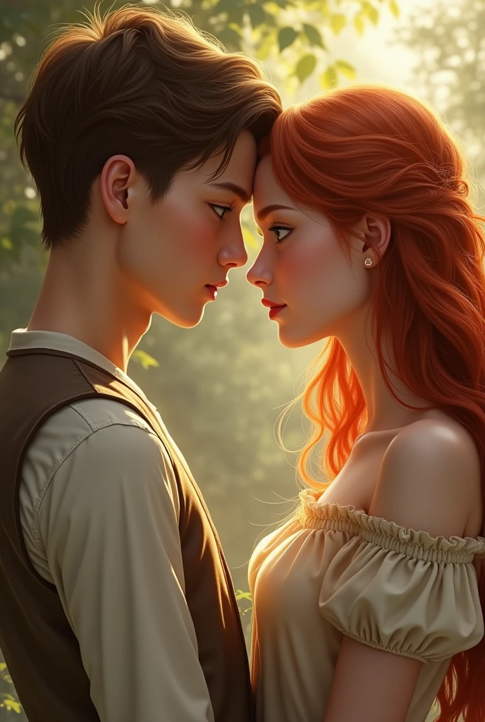 a beautiful girl,long red hair with captivating green eyes(make it more realistic Make a boy in the same scenario( Cao Cao, slim with white skin, but not so much, brown hair and brown eyes Make them look at each other( Make it more realistic,(obs.: make them a little further away from each other Make them more realistic and further away from each other Make them a little more realistic and put on a super beautiful dress right F Don't make them oriental and make a beautiful dress, but simple for her