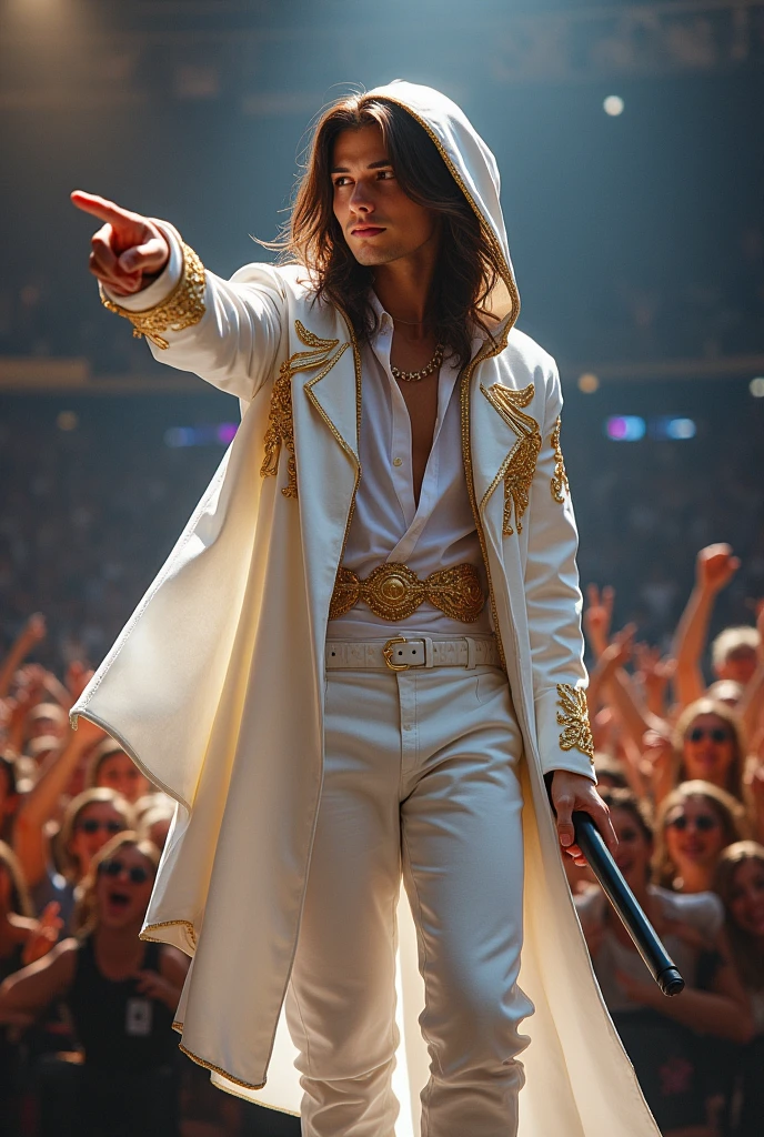 artwork best quality handsome american male teenager long brown hair light skin with white cape and hooded coat on head with gold details white long sleeve shirt and white pants underneath intricate details singing holding a microphone seen from afar pointing at the audience at a concert with details uhq 8k details
