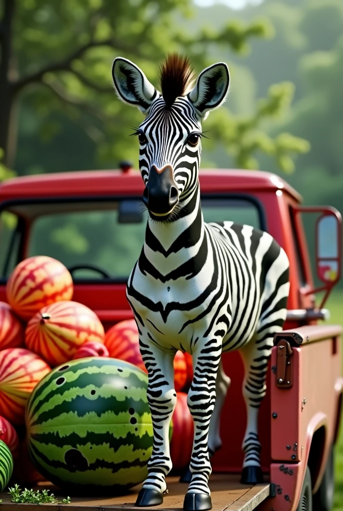 A baby zebra on top of a watermelon truck, make with vivid colors and realistic image