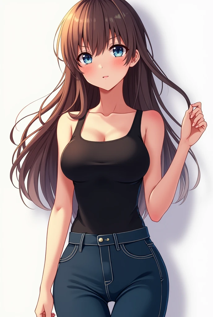 A singlular 2 anime girl with long brown hair and blue eyes wearing a black tank top and long blue jeans