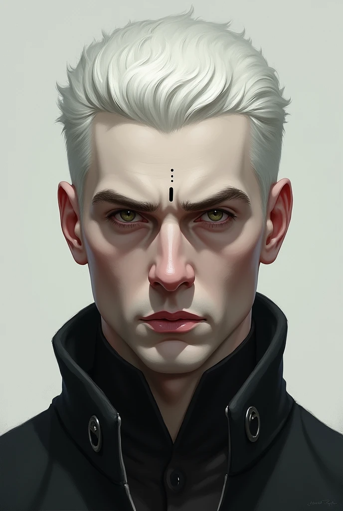 A male character with short, straight, up-combed white hair, serious eyes without silvery color, fair skin and well-defined face, with only two dots next to each other in the center of the forehead as a birthmark.