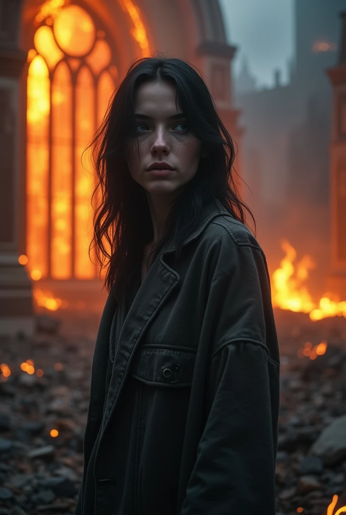 Woman, blue colored eyes, Bblack hair, Grieving, white, realistica, High definition, in a church on fire