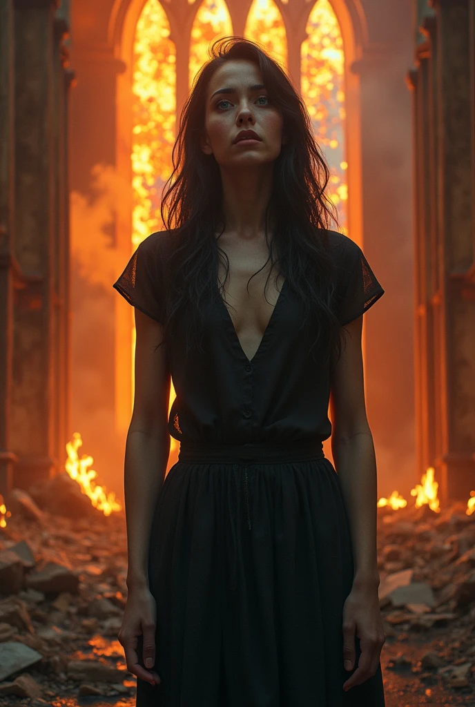 Woman, blue colored eyes, Bblack hair, Grieving, white, realistica, High definition, in a church on fire